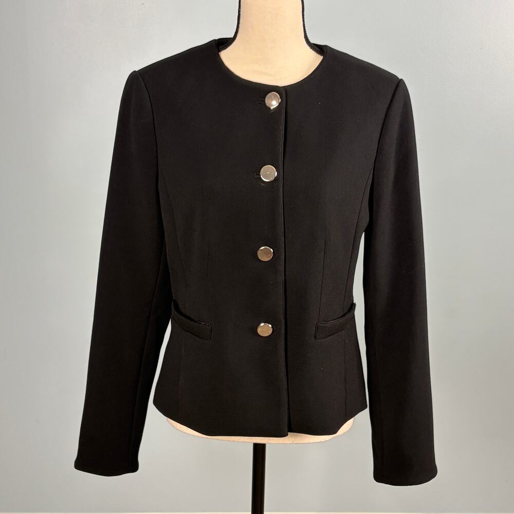 Ann Taylor Black Peplum Jacket Gold Buttons Classic Quiet Luxury Workwear
